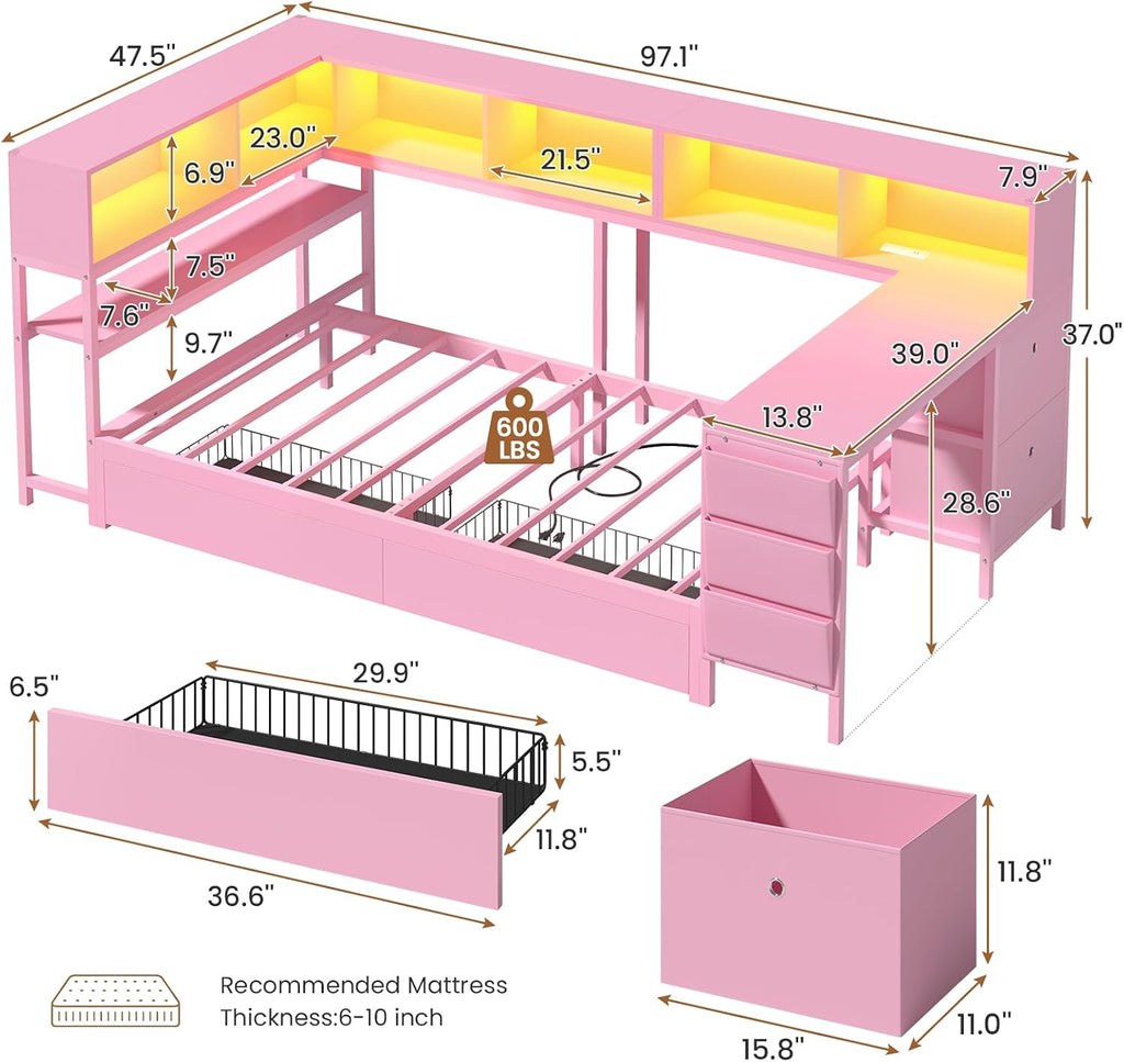 Hasuit Twin Corner Bed with Desk and Storage Bookcase, Daybed with 2 Drawers & 2 Storage Bins, Twin Size Platform Bed Frame with Charging Station and LED Light, Modern Teenagers Bedframe, Pink