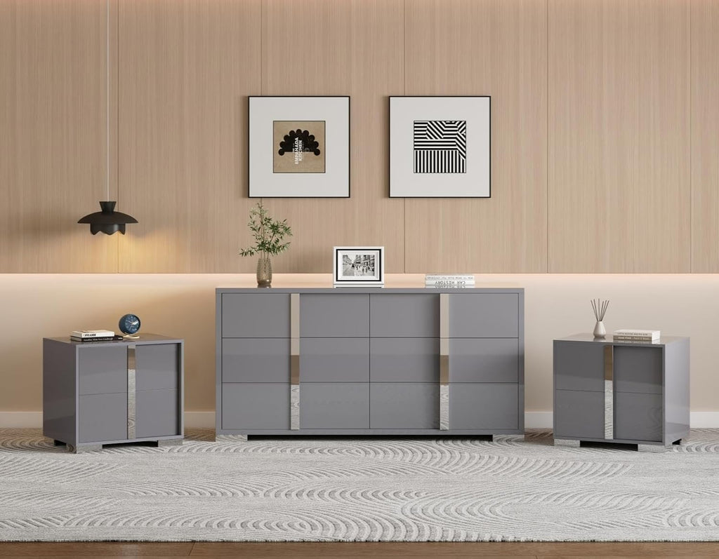AMERLIFE 3 Piece Bedroom Set, Two 23.6' Nightstands & 6-Drawer Dresser, Silent Glide Drawers & Metal Handles, Modern High Gloss UV Finish, Dresser Set for Bedroom, Grey