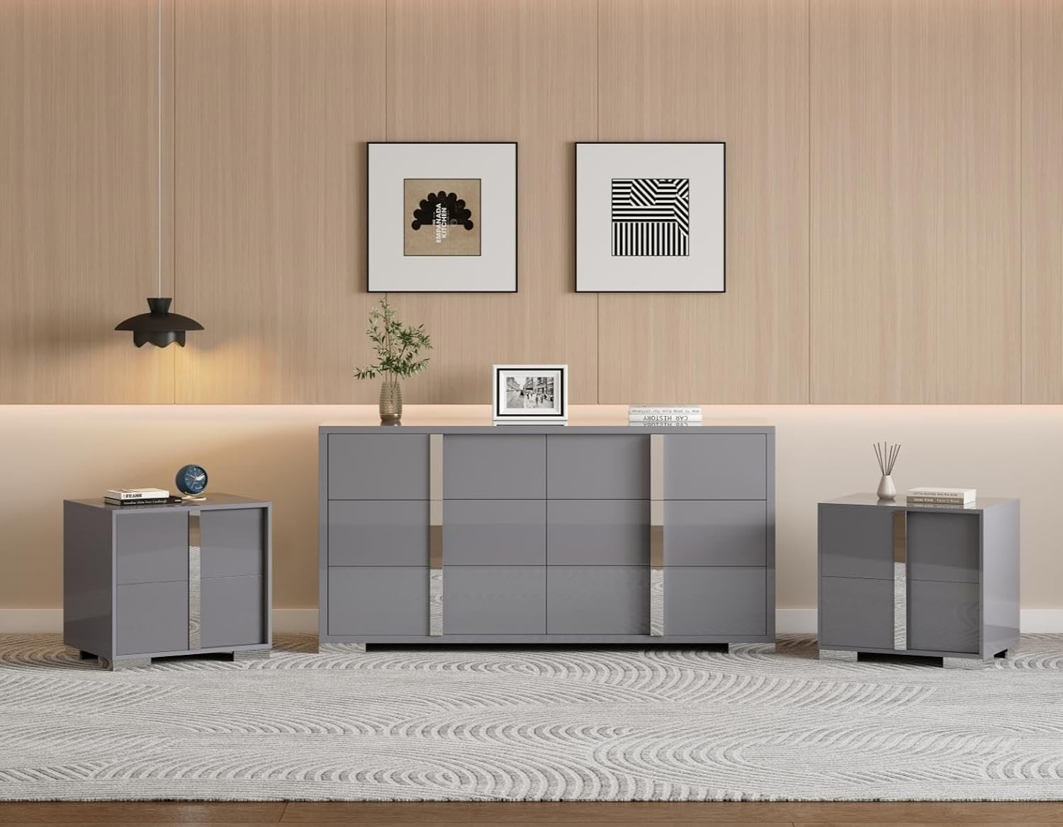 AMERLIFE 3 Piece Bedroom Set, Two 23.6' Nightstands & 6-Drawer Dresser, Silent Glide Drawers & Metal Handles, Modern High Gloss UV Finish, Dresser Set for Bedroom, Grey