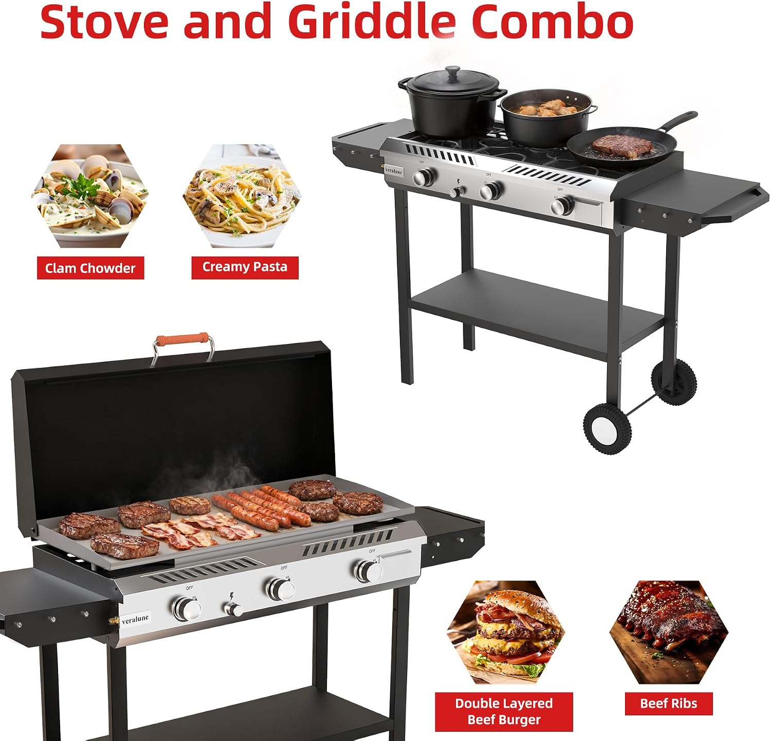 Veralune 2 in 1 Flat Top Gas Grill with Lid, Propane Gas Griddle, Outdoor Griddle Grill, Folding Side Shelves, Push-Button Ignition, Large Cooking Area