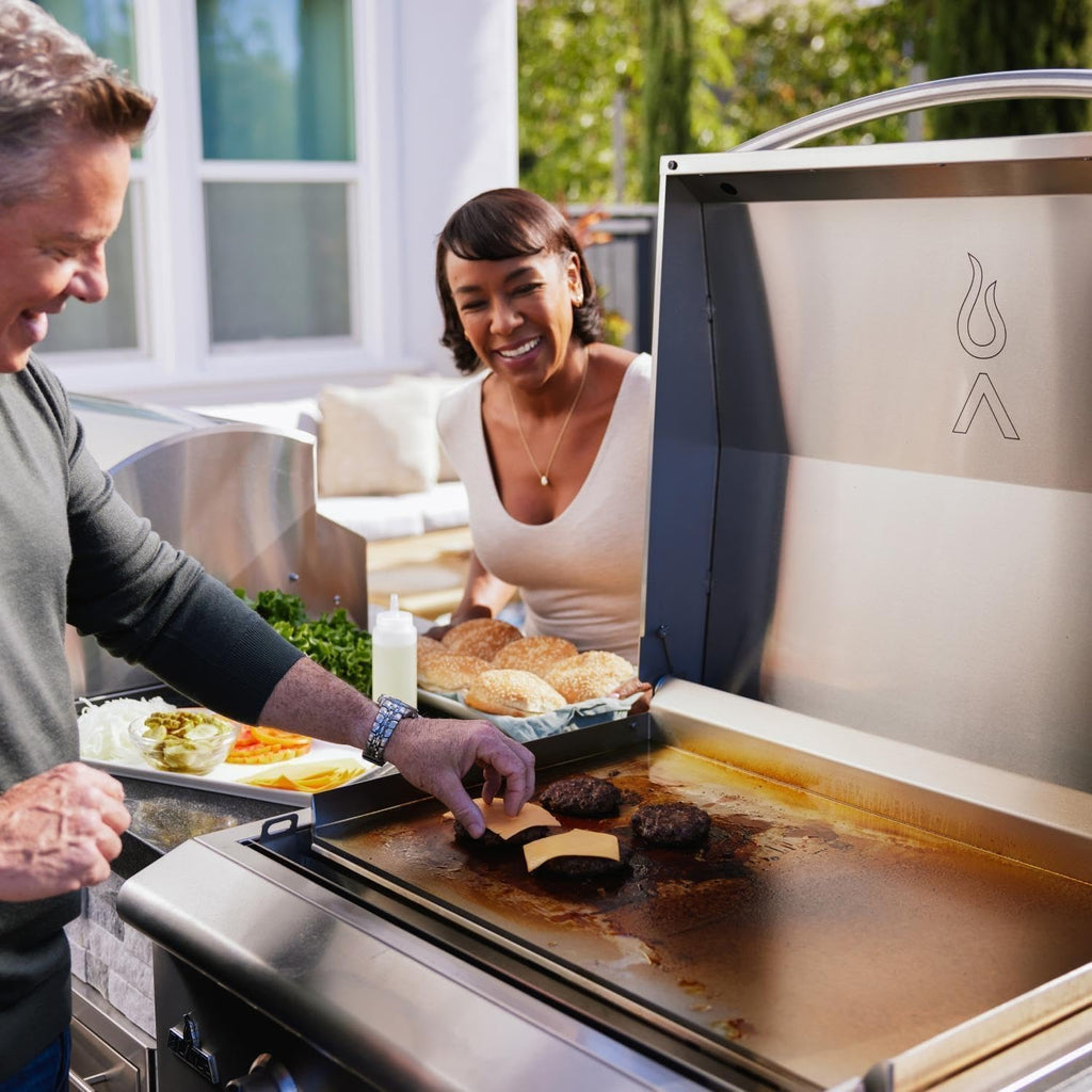 Blaze LTE+ 30-Inch Built-in Natural Gas Griddle – 304 Stainless Steel Outdoor Kitchen Flat Top, 2-Burner 30,000 BTU (15k per burner) with Lift-Assist Hood, LED Control Knobs & Front Grease Tray