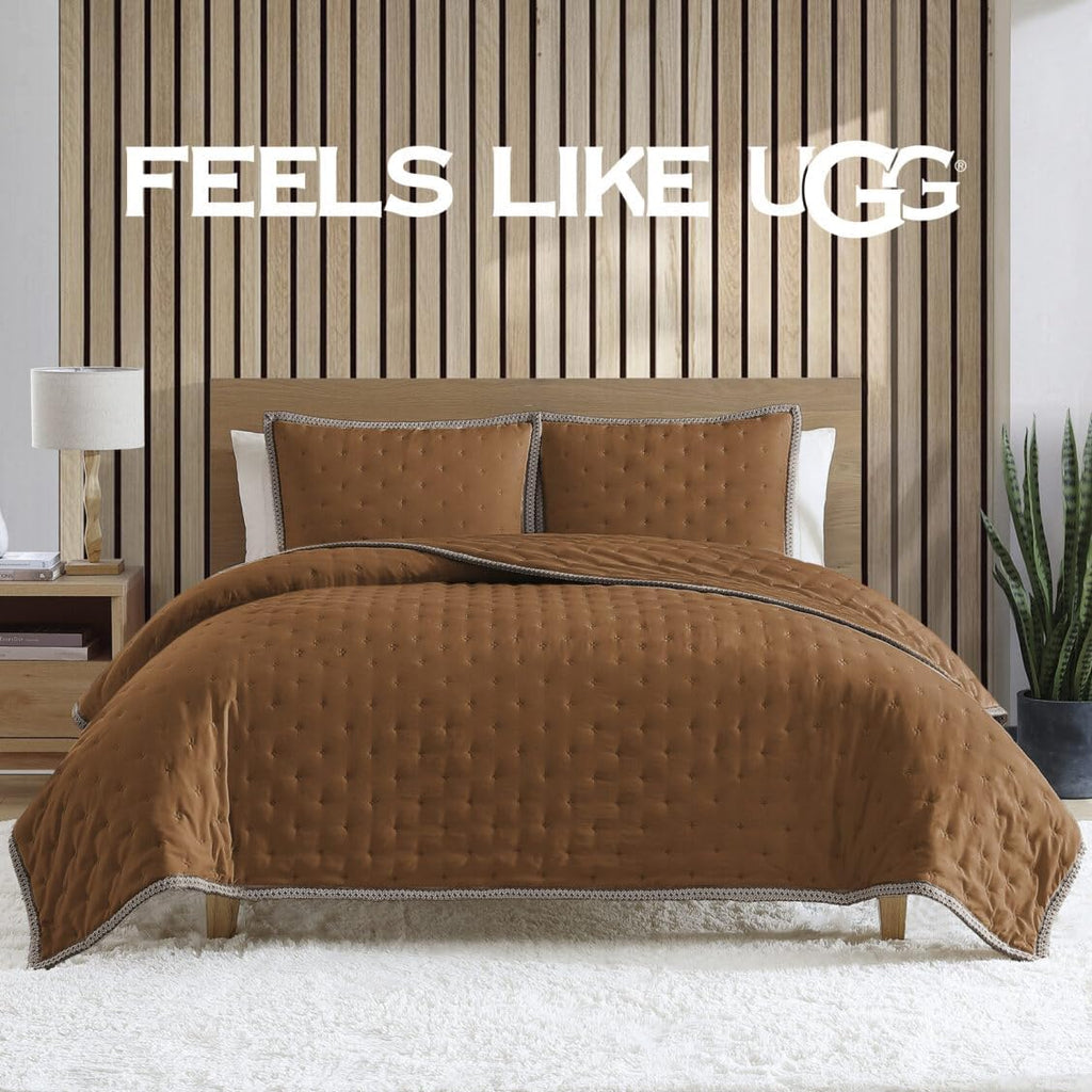 UGG Braid King Size Quilt Set – 3 Piece King Quilt Bedding Set with 2 Shams, Soft Lightweight Bedspread Coverlet for Home & Bedroom, Chestnut Brown (Devon)