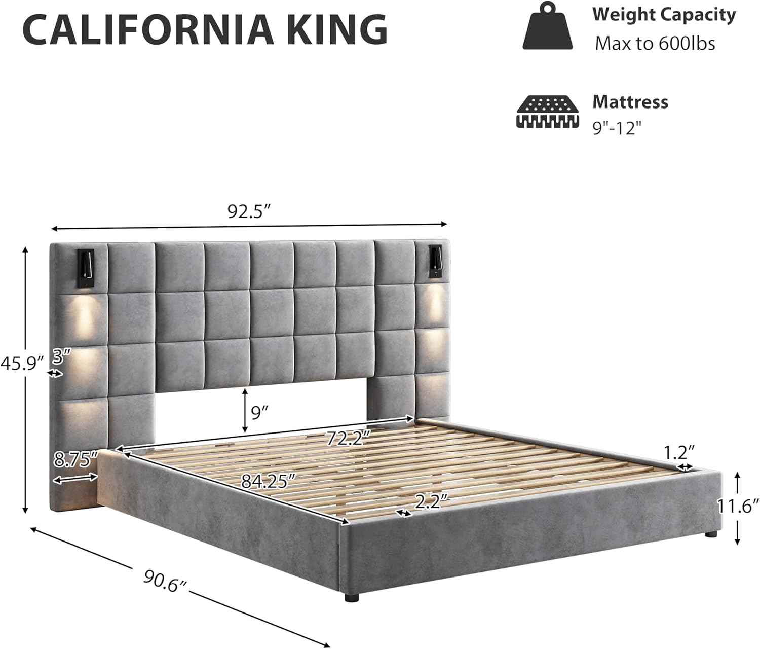California King Platform Bed Frame, Elegant Velvet Upholstered Bed with Grid Pattern Padded Headboard, 2 LED Wall Sconces & USB Ports, No Box Spring Needed, Easy Assembly, Pearl Grey
