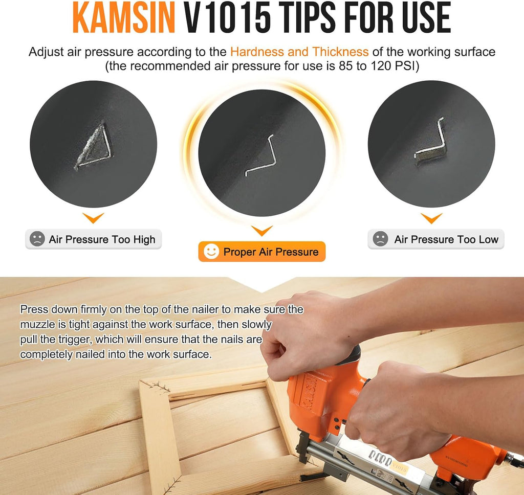 KAMSIN V1015 Pneumatic Picture Frame V Nailer, Fits 5/16'' to 19/32'' (7 to 15 mm) V Nails, 30 Gauge Air-Powered Frame Joiner for Picture Framing