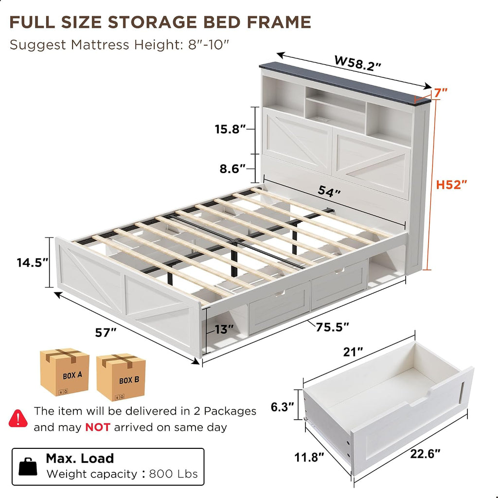 ACCOHOHO Full Bed Frame with 52' Tall Headboard and 4 Drawers,LED Light,Charging Station,Solid Wood Slats Support,No Box Spring Needed,White