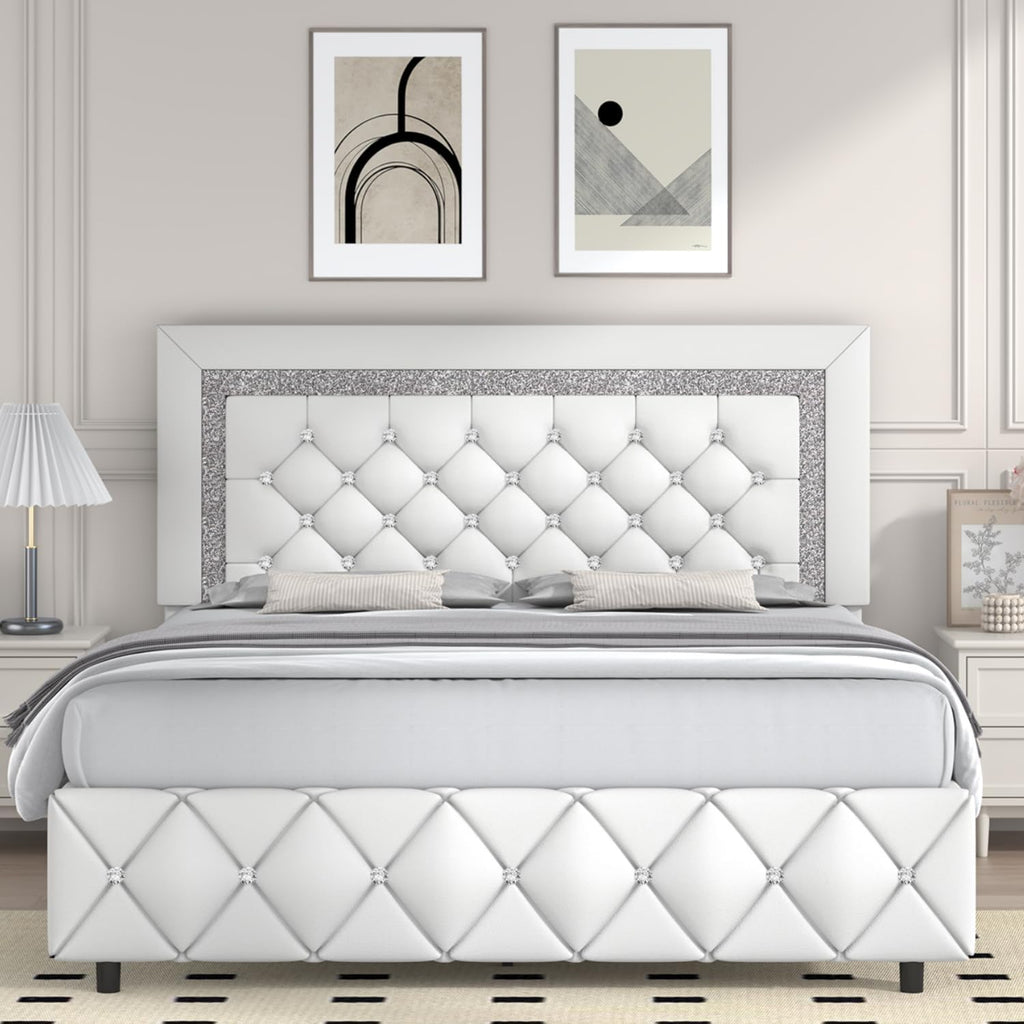 Queen Bed Frame, Faux Leather Platform Bed with Upholstered Diamond Headboard, Mattress Foundation with Strong Wooden Slats Support, No Box Spring Required, Easy Assembly, White