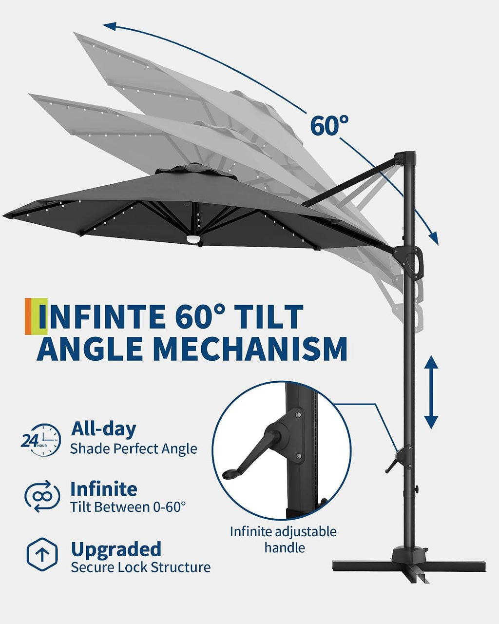 Takywep 10ft Cantilever Patio Umbrella, Outdoor Umbrella 360-degree Rotation, Solar-powered LED lights, Easy-Tilt Mechanism, for Decks, Poolside and Backyard Relaxation