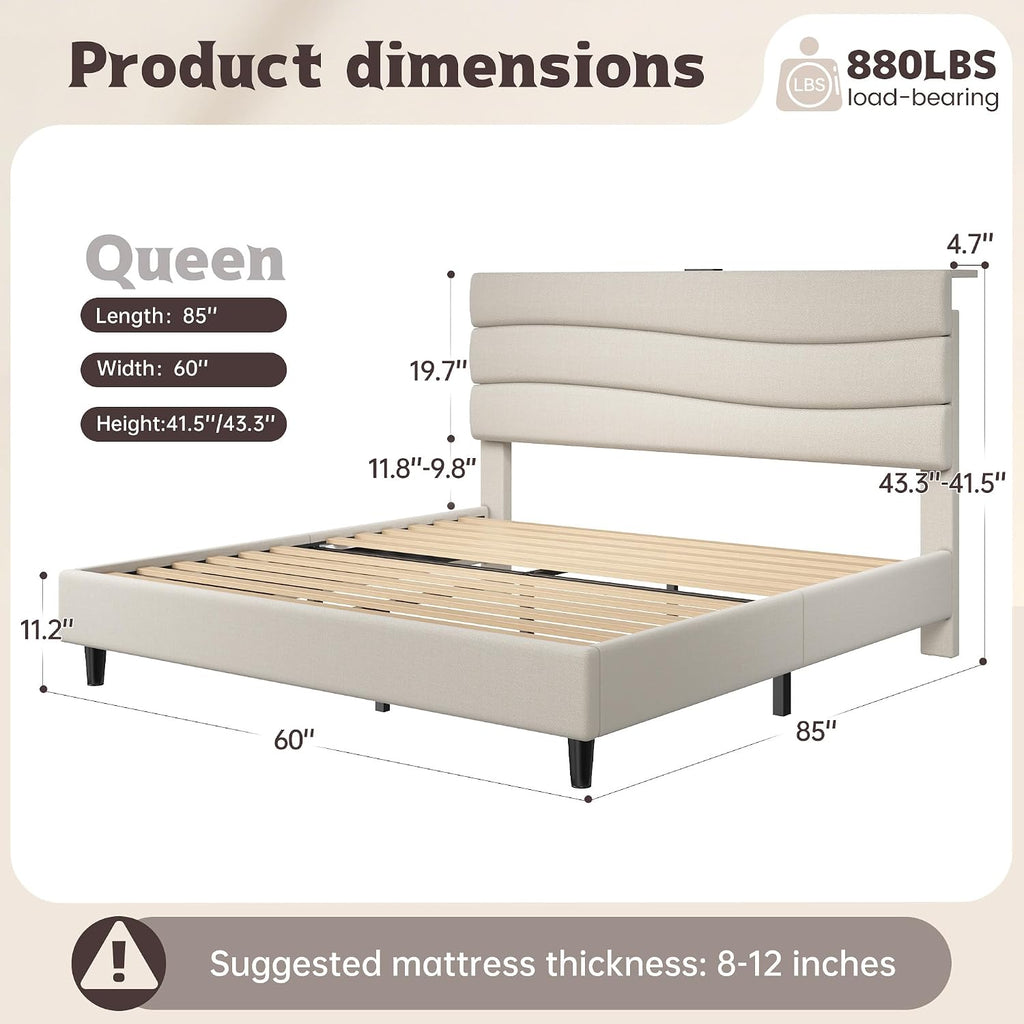 EnHomee Queen Bed Frame with Adjustable Height Upholstered Headboard, 3 USB Charging Ports, Noise-Free Platform Bed, No Box Spring Needed, Beige