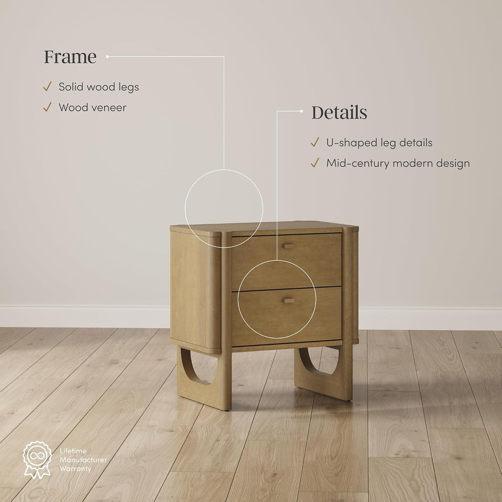 Nathan James Solace Mid Century Modern 2 Drawer Nightstand with Solid Wood Frame and Rounded Details, Light Brown Set of 2