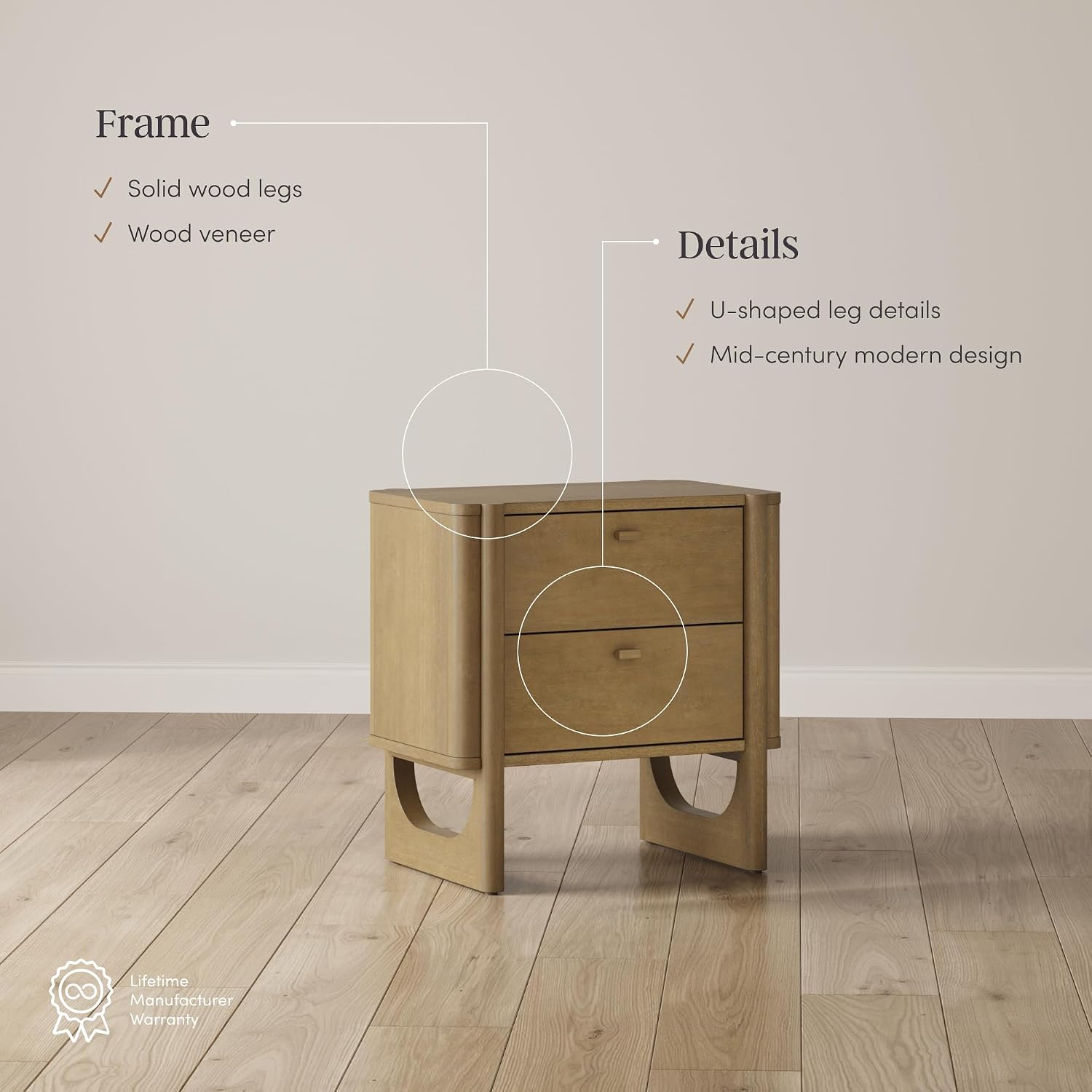 Nathan James Solace Mid Century Modern 2 Drawer Nightstand with Solid Wood Frame and Rounded Details, Light Brown Set of 2
