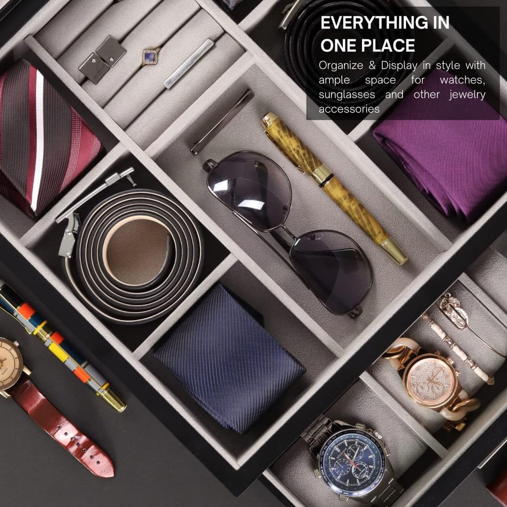 Multi purpose Black Wood Handmade Men Tie Storage Box,Watch Box and Jewelry Box (Busy Man)