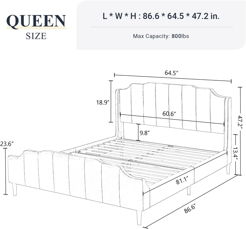 Allewie Queen Size Velvet Bed Frame Upholstered Platform Bed with Vertical Headboard and Footboard, Solid Wood Leg and Strong Slats Support, No Box Spring Needed, Easy Assembly, Black