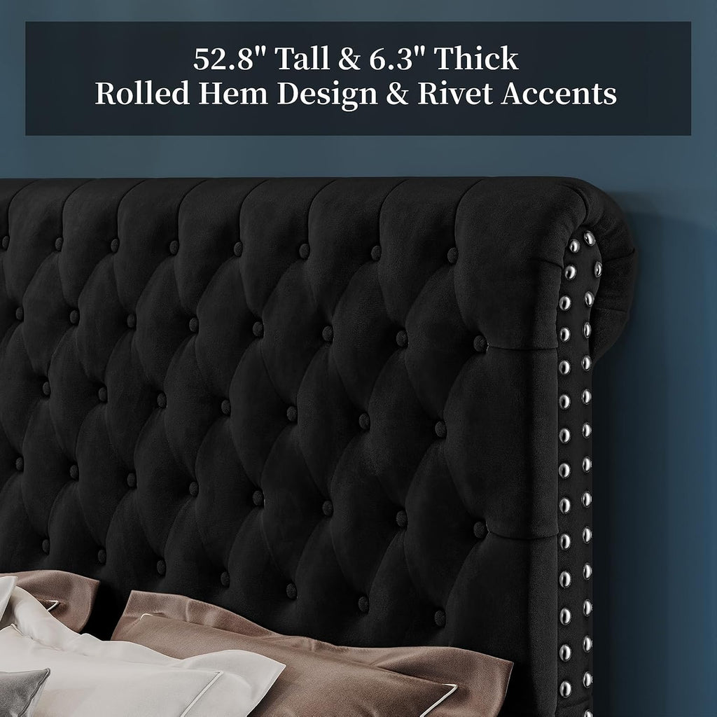 PaPaJet King Bed Frame Upholstered Platform Bed Frame with 53'' Tall Sleigh Headboard, Button Tufted, No Box Spring Needed, Easy Assembly, Black