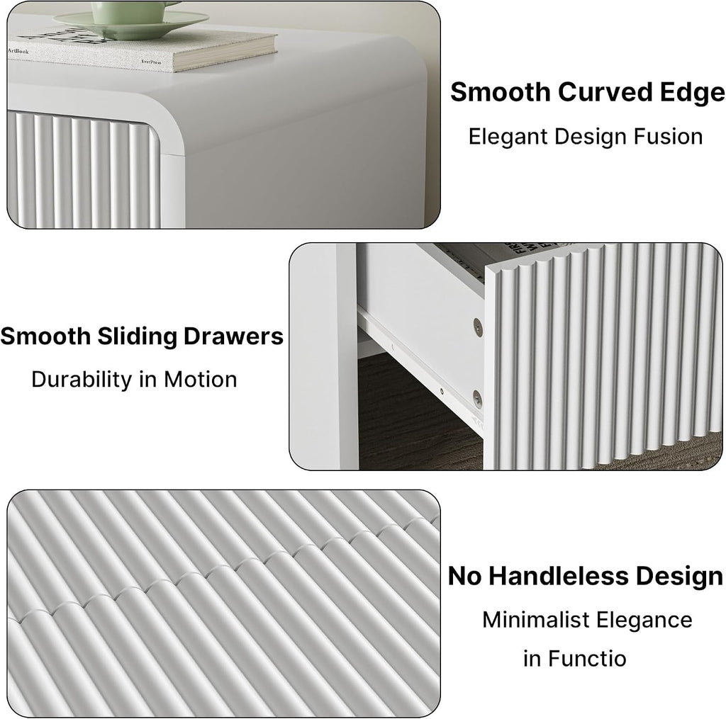 MAISONARIA 3-Piece Curved Dresser Bedroom Set, 6 Drawer Dresser & 2 Drawer Nightstands with Pop-up Design, Fluted Wood Chest of Drawers for Bedroom, Living Room, Entryway, White