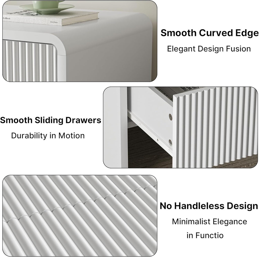 Set of 2 Curved Nightstand with 2 Drawers, Wooden Bedside Table with Push to Open Storage, Modern End Table for Bedroom, White