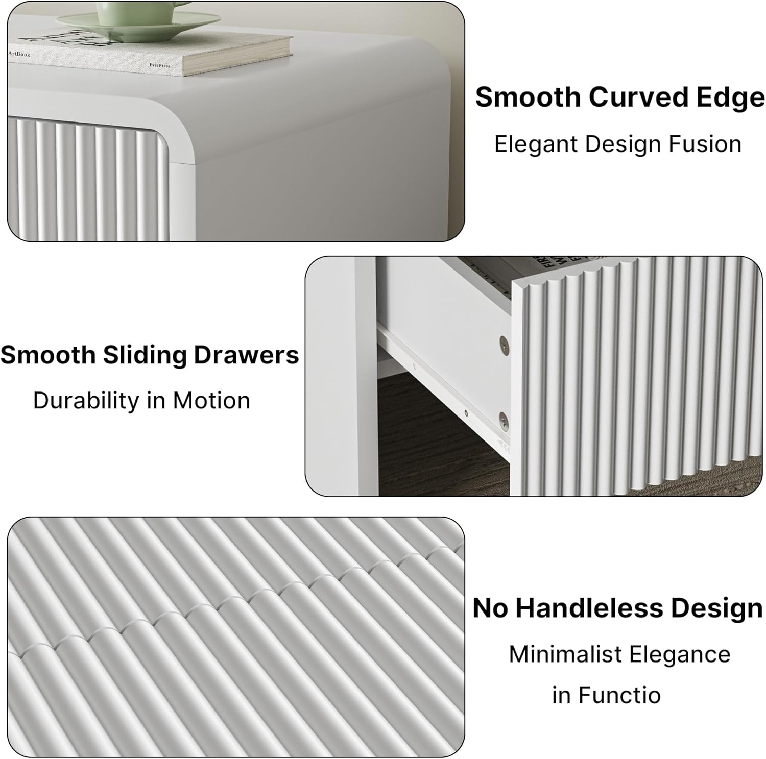 Set of 2 Curved Nightstand with 2 Drawers, Wooden Bedside Table with Push to Open Storage, Modern End Table for Bedroom, White