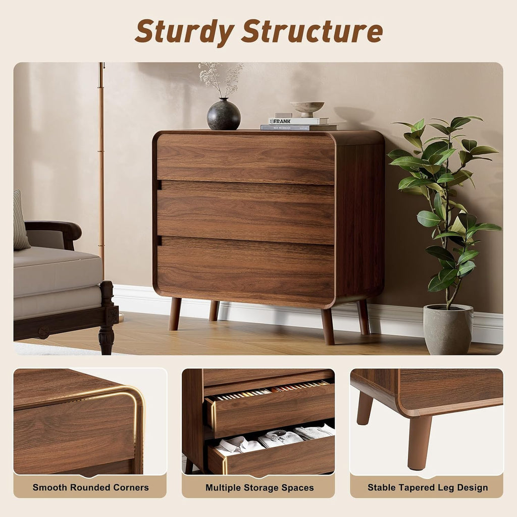 Nasonet Mid Century Modern Dresser and Nightstand Sets 3 Piece, Wooden 3 Drawer Dresser and 3 Drawer Nightstands Sets of 2, Walnut Bedroom Furniture Set