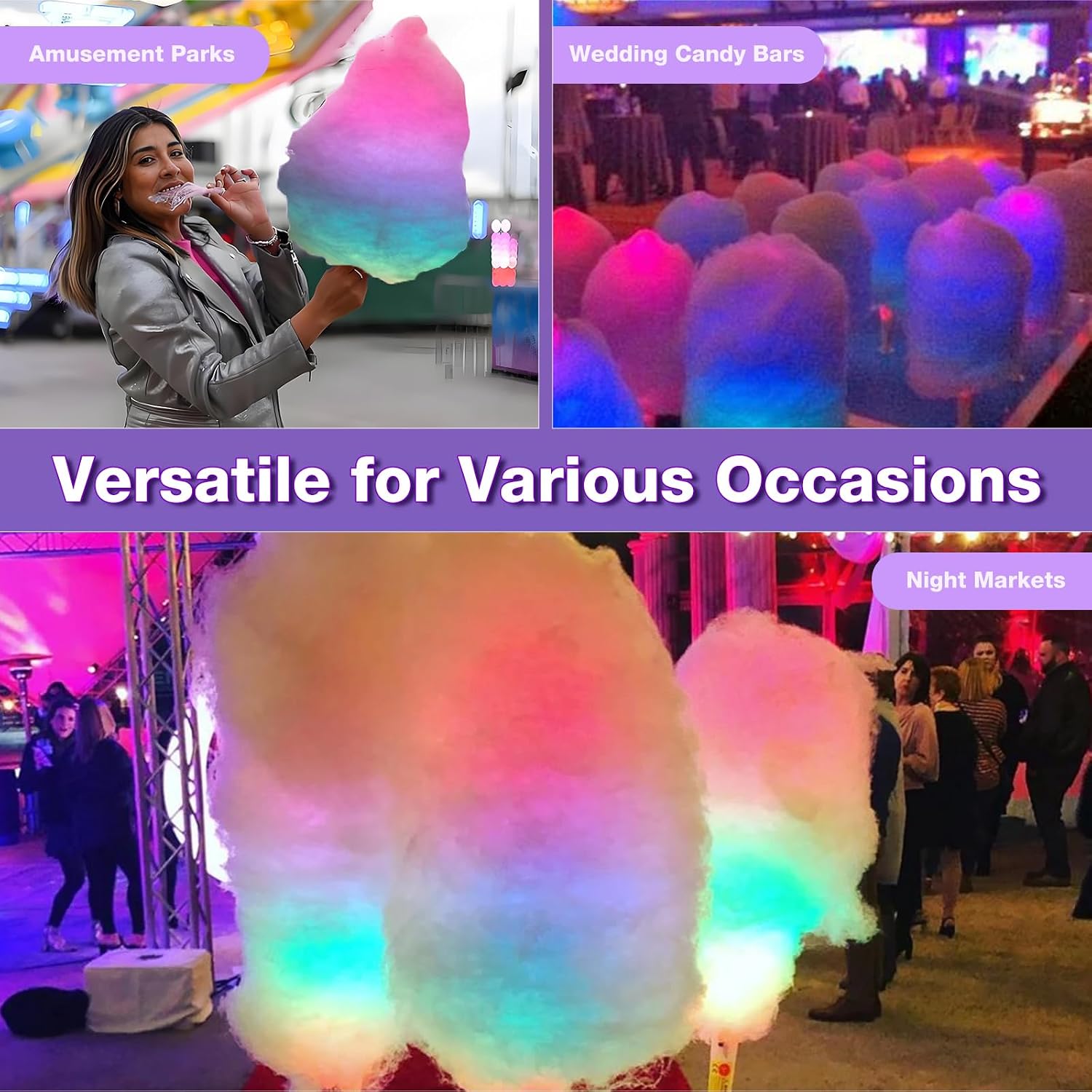 100 Pcs LED Cotton Candy Cones - Glowing Cotton Candy Sticks for Parties - Reusable & Waterproof Cotton Candy Holders - Vibrant Colors for Christmas, Birthdays & Events