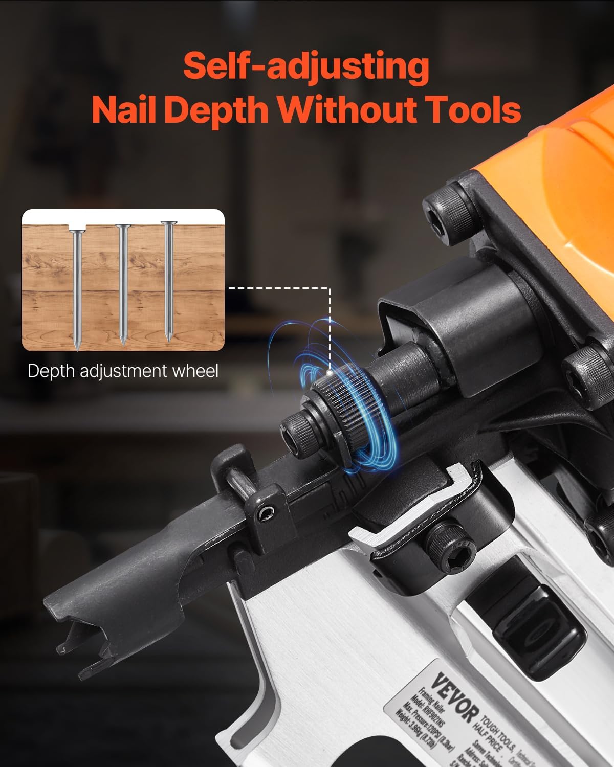 VEVOR Framing Nailer, 2' to 3-1/2' 21 Degree Full Round Head Pneumatic Framing Nailer with Dual Trigger Modes & Tool-Less Depth Adjustment, 80-120PSI Pro Air Nail Gun for Framing Flooring Decking