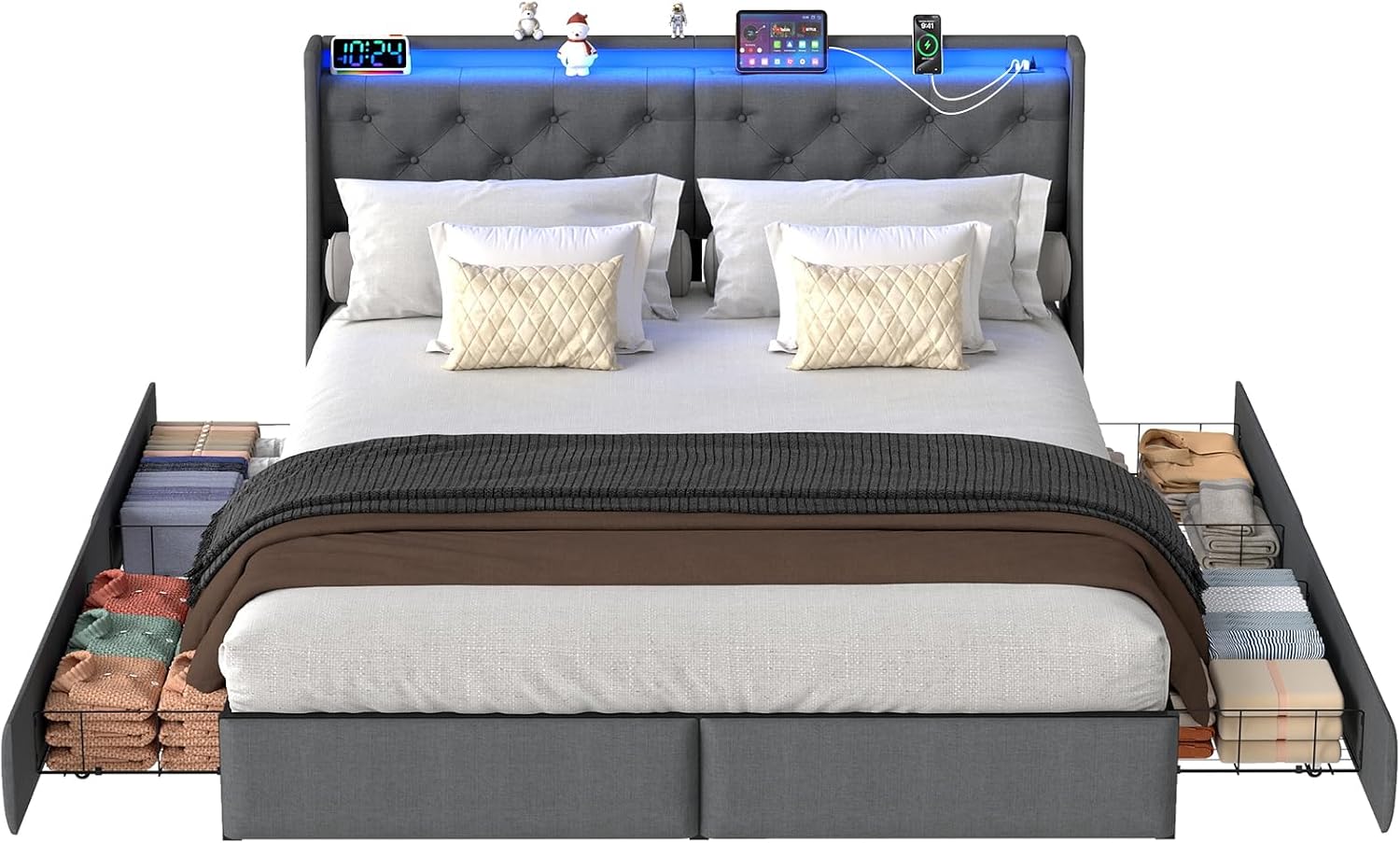 Doltoro King Size Platform Bed Frame with 4 Storage Drawers and LED Headboard, Upholstered King Metal Bed with Charging Station, No Box Spring Needed, Easy Assembly, Gray