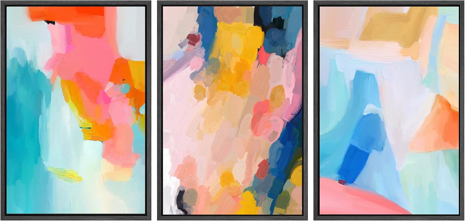 SIGNWIN Framed Canvas Print Wall Art Set Vibrant Rainbow Paint Stroke Collage Shapes Abstract Illustrations Modern Art Decorative Nordic for Living Room, Bedroom, Office - 16'x24'x3 Black