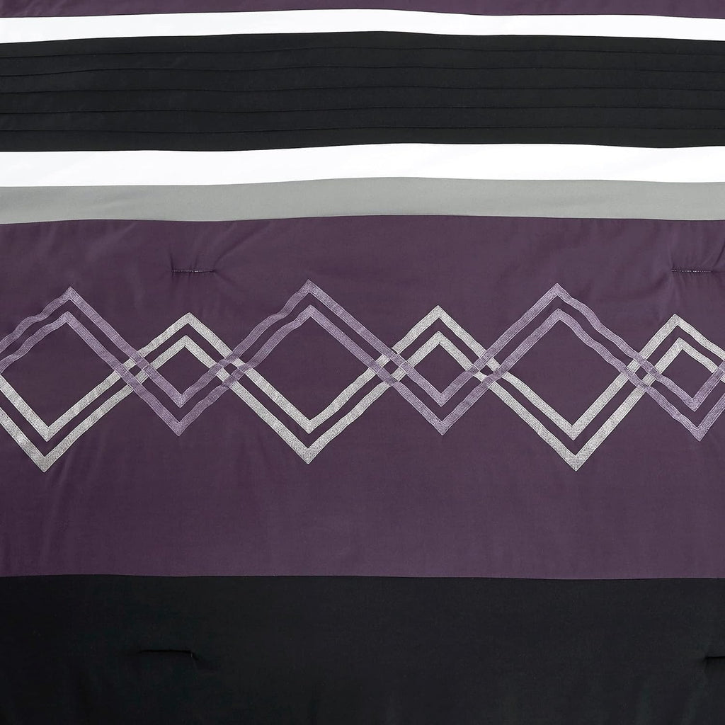 Chezmoi Collection Arden 7-Piece Modern Pleated Stripe Embroidered Zigzag Bedding Comforter Set (Oversized King, Purple/Black/Gray/White)