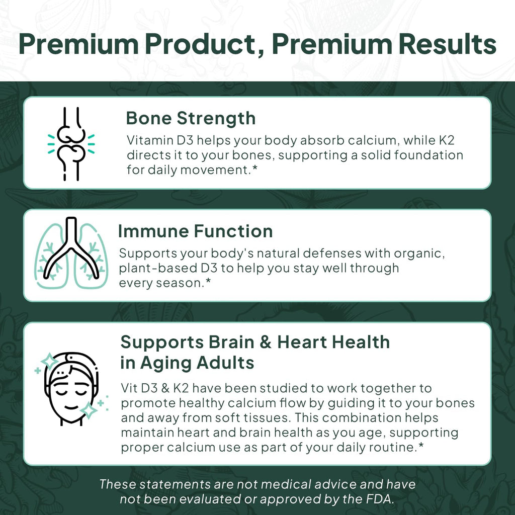 Organics Ocean Better D3 + K2-100% Organic VIT D3 and K2 Supplements with Maximum Bioavailability - Supports Bone Density, Calcium Balance, Immunity & Mood - 6-Pack, 180-Day Supply