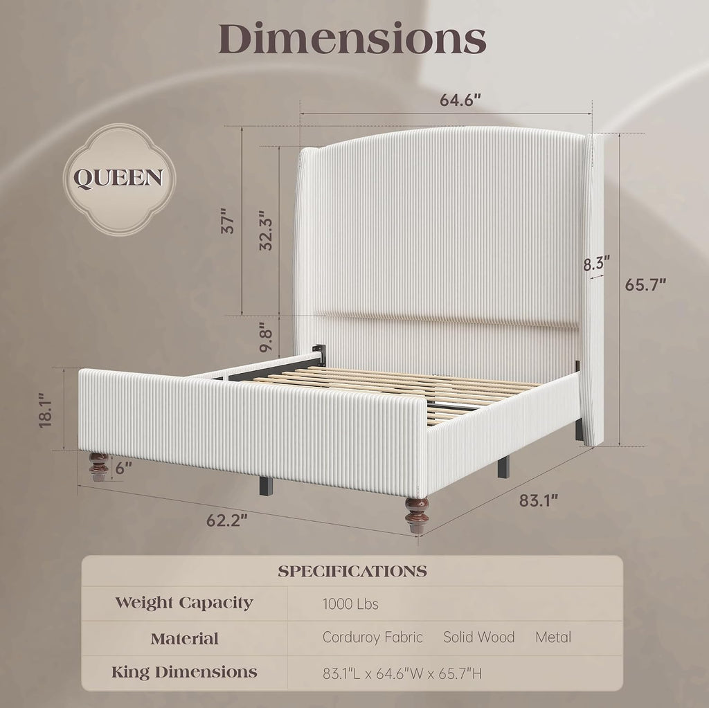 65.7' Tall Headboard Queen Size Upholstered Bed Frame with Wingback, Soft Washable Corduroy Beds Cover, Solid Wood Legs, Noise-Free, No Box Spring Needed, Cream