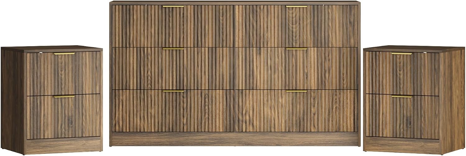 3-Piece Modern Bedroom Furniture Set, Wide 6-Drawer Dresser & 2-Drawer Nightstands Set of 2, Natural Wood Dresser and Nightstand Sets for Bedroom, Hallway, Walnut