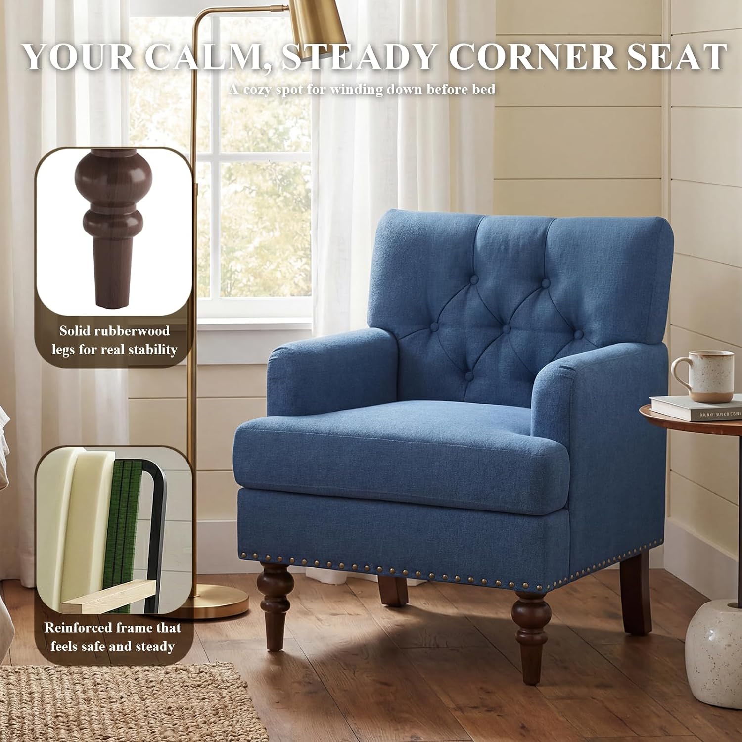 MALOL Upholstered Accent Chair with Thick Cushion, High Back Reading Chair, Linen Blend Armchair with Solid Rubberwood Legs for Living Room, Bedroom, Reading, Apartment & Small Spaces,Blue,Set of 2