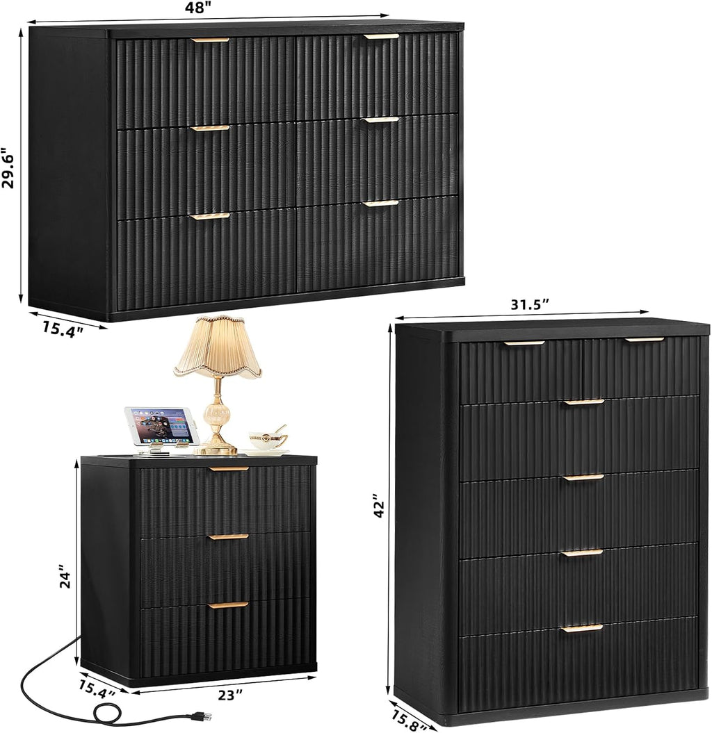 LEYAOYAO Fluted Dressers & Nightstand Set of 3, Wood 48' Wide Dresser & 42' Tall Chest of Drawers,Modern Bedroom Furniture Sets, Black Wooden Nightstand with 3 Drawers & Charging Station