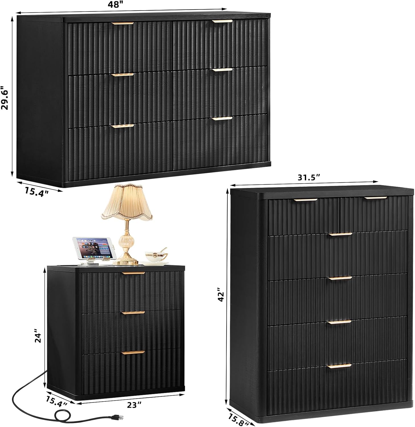 LEYAOYAO Fluted Dressers & Nightstand Set of 4, Wood 48' Wide Dresser & 42' Tall Chest of Drawers,Modern Bedroom Furniture Sets, Black Wooden Nightstand Set of 2 with 3 Drawers & Charging Station