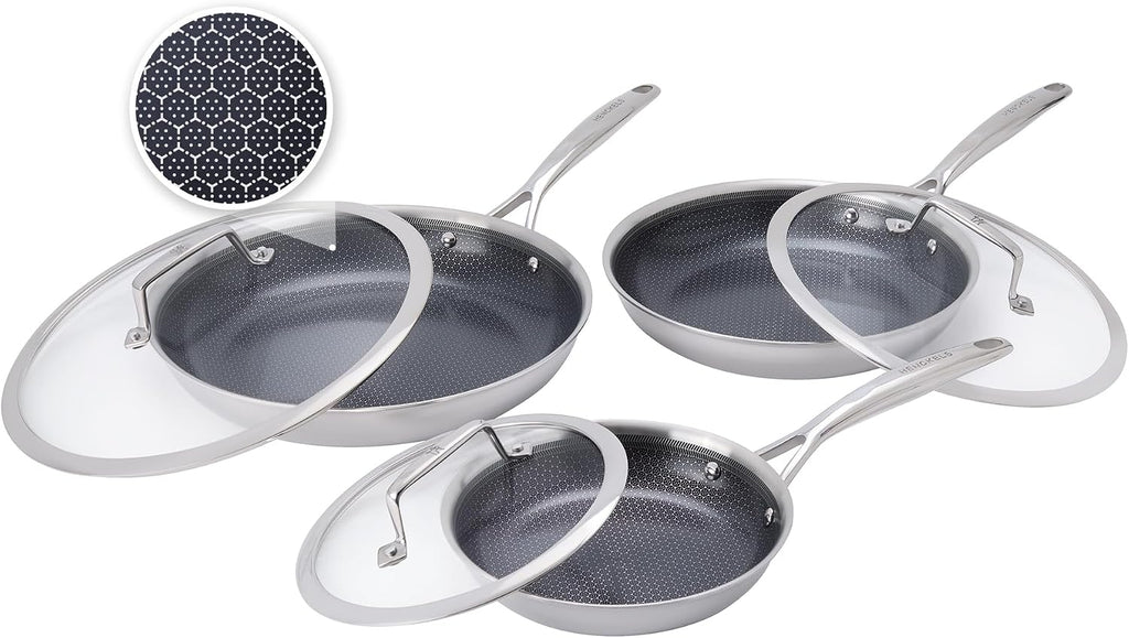 Henckels Paradigm Stainless Steel 6 Pc Fry Pan Set, Tri-Ply Ceramic Nonstick Fry Pan Set, Non Toxic Induction Fry Pan, Metal-Utensil & Dishwasher Safe