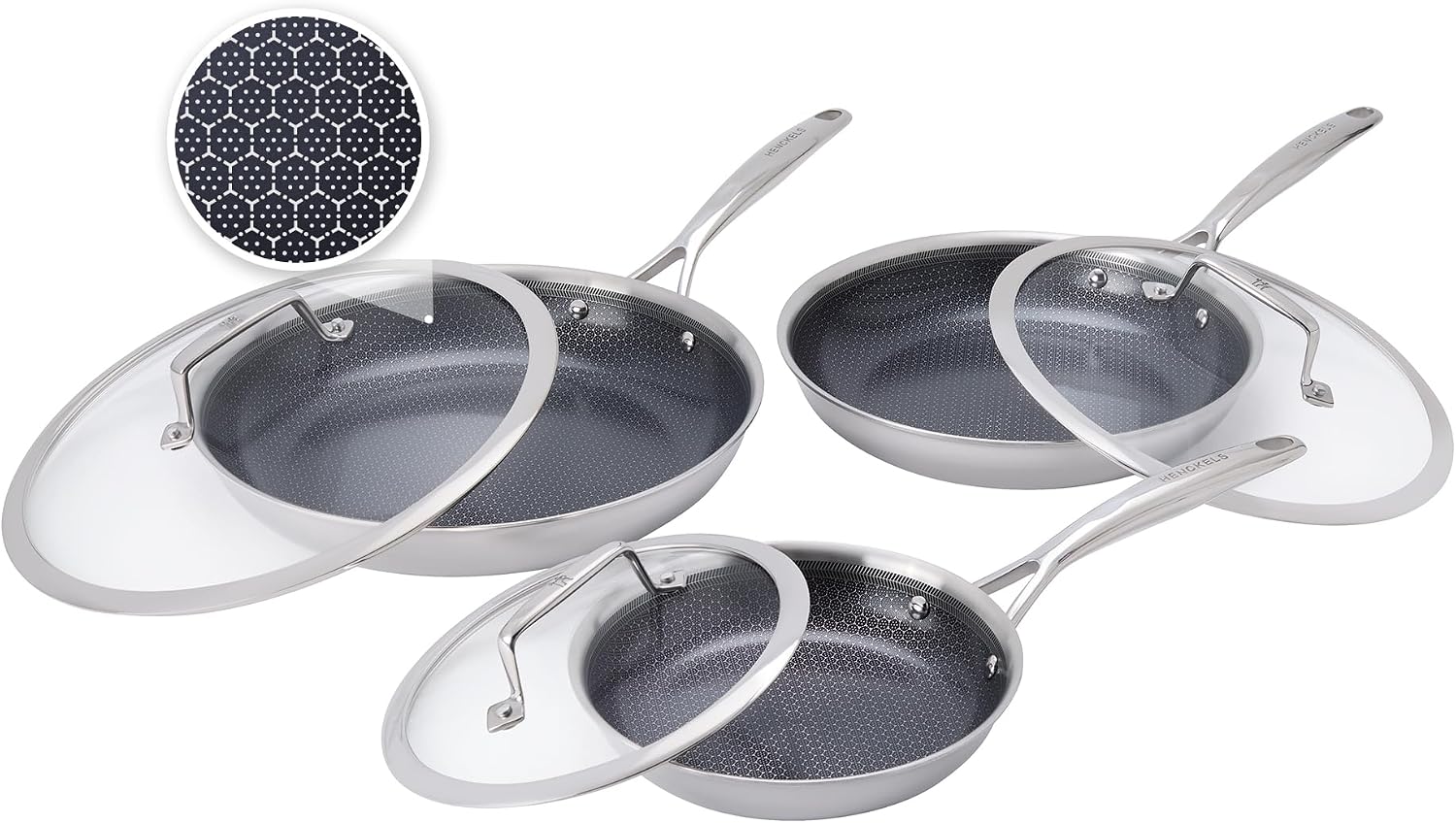 Henckels Paradigm Stainless Steel 6 Pc Fry Pan Set, Tri-Ply Ceramic Nonstick Fry Pan Set, Non Toxic Induction Fry Pan, Metal-Utensil & Dishwasher Safe