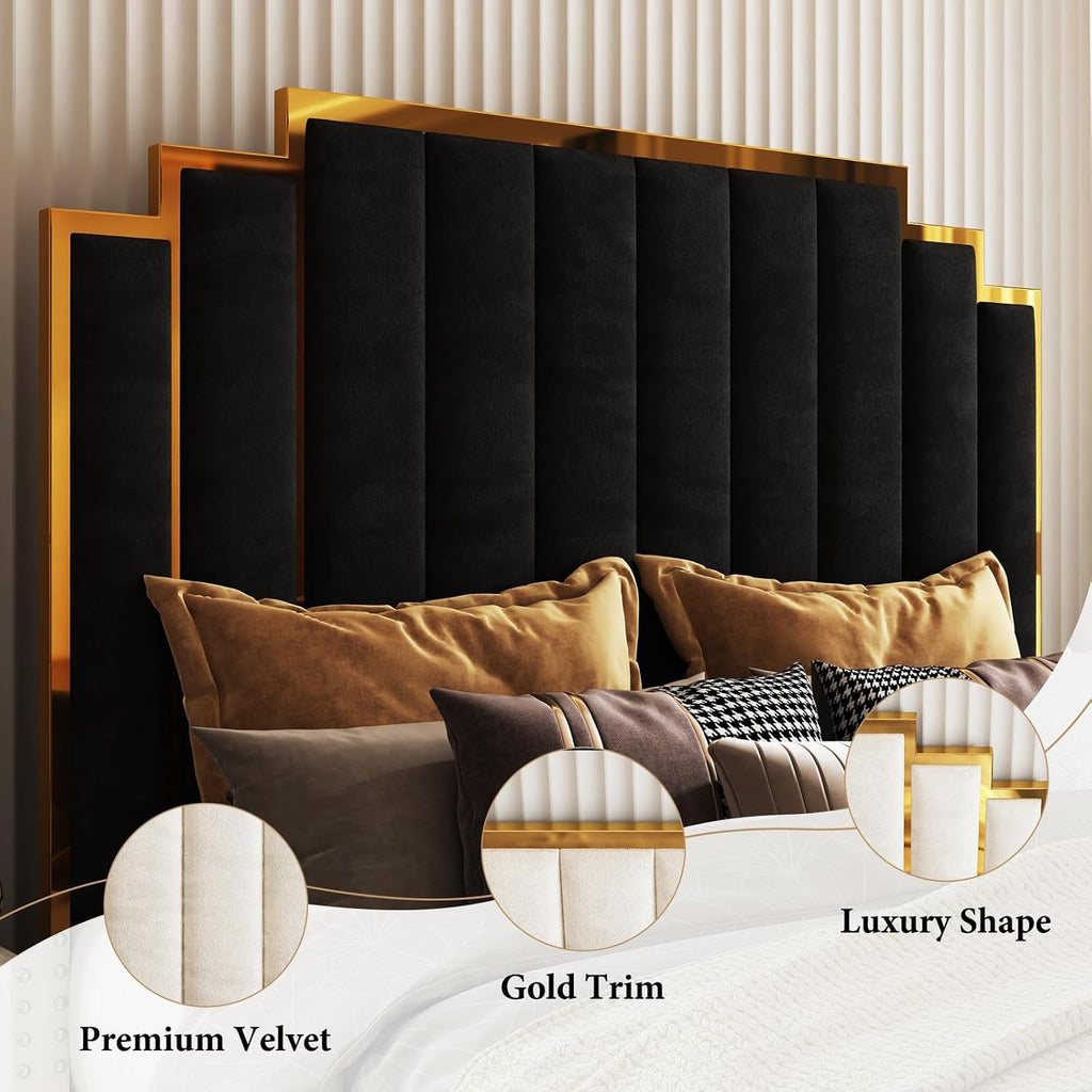AMERLIFE California King Size Upholstered Bed, Modern Velvet Bed Frame with 65.4' Tall Gold Trim Headboard, No Box Spring Needed, Black