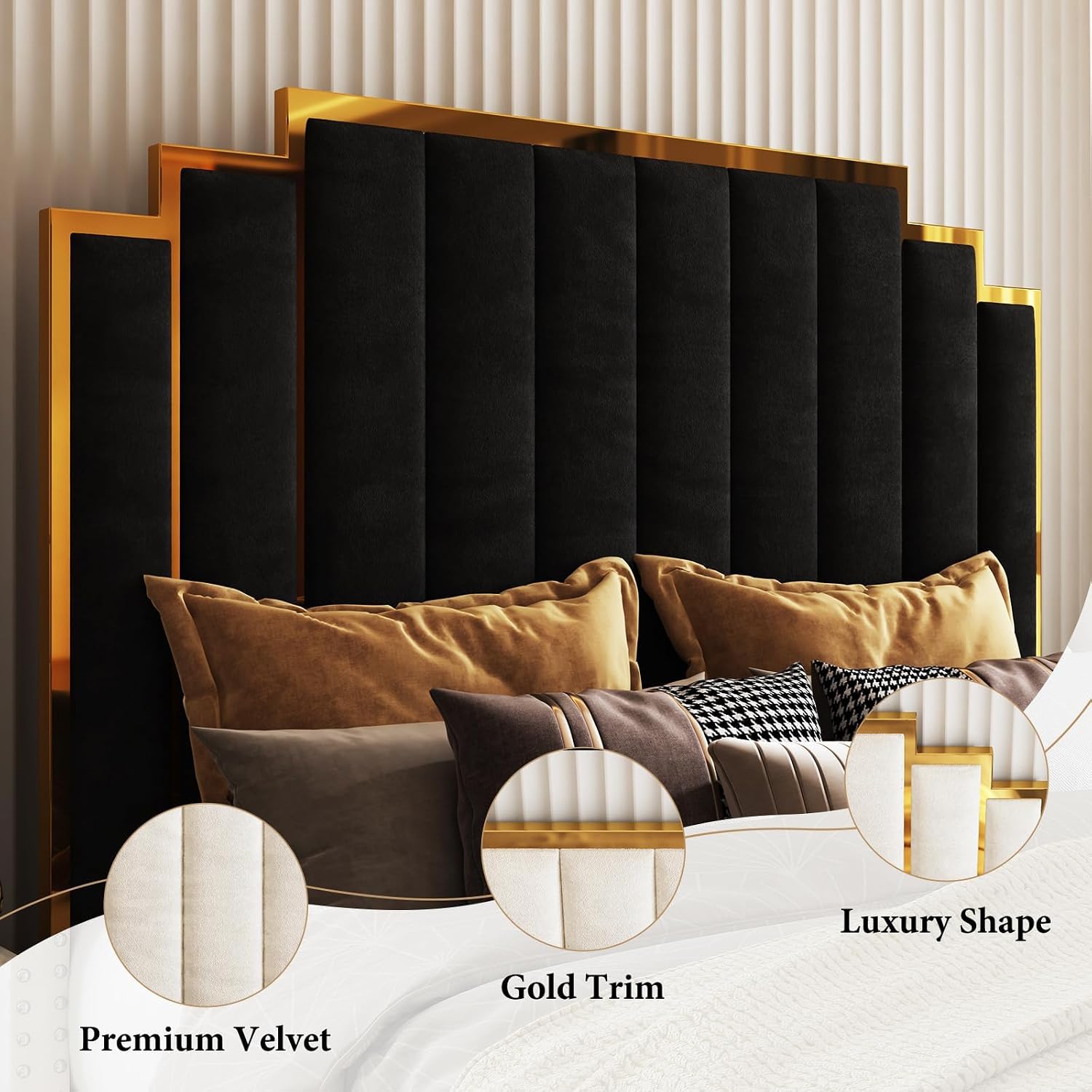 AMERLIFE California King Size Upholstered Bed, Modern Velvet Bed Frame with 65.4' Tall Gold Trim Headboard, No Box Spring Needed, Black