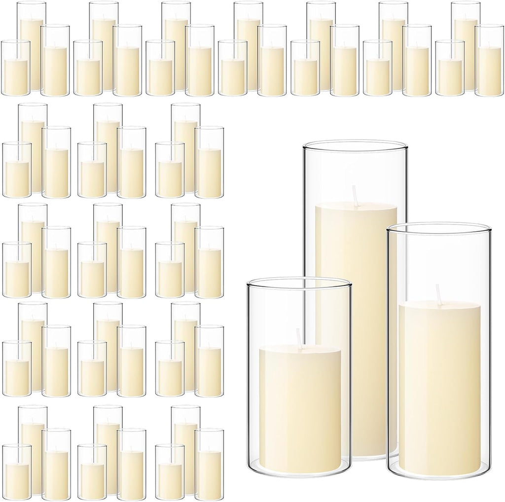 Shihanee 120 Pcs Pillar Candles and Glass Cylinder Vases Clear Cylinder Holders for Slim Pillar Candles Table Decoration (Ivory White)