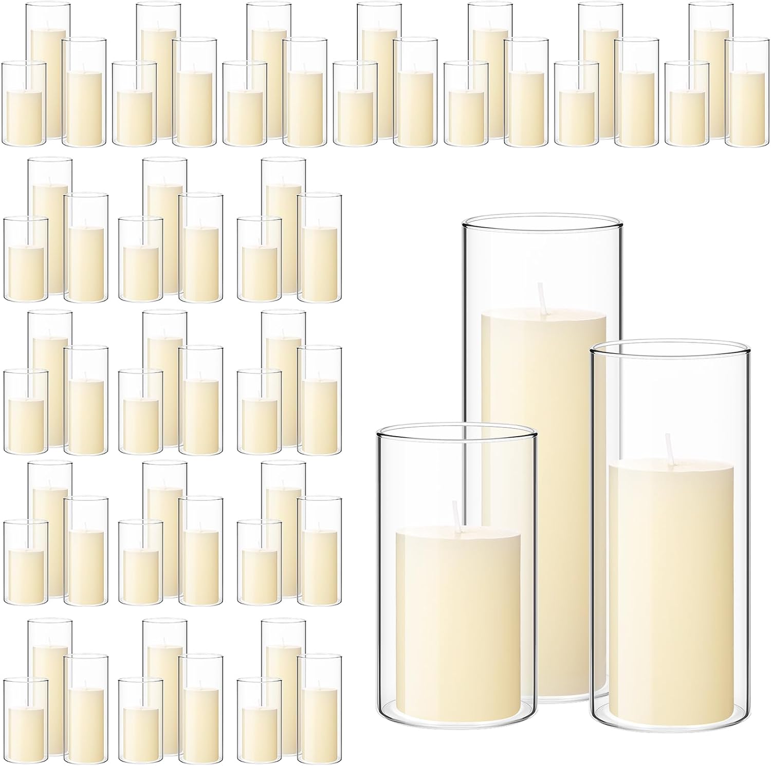 Shihanee 120 Pcs Pillar Candles and Glass Cylinder Vases Clear Cylinder Holders for Slim Pillar Candles Table Decoration (Ivory White)