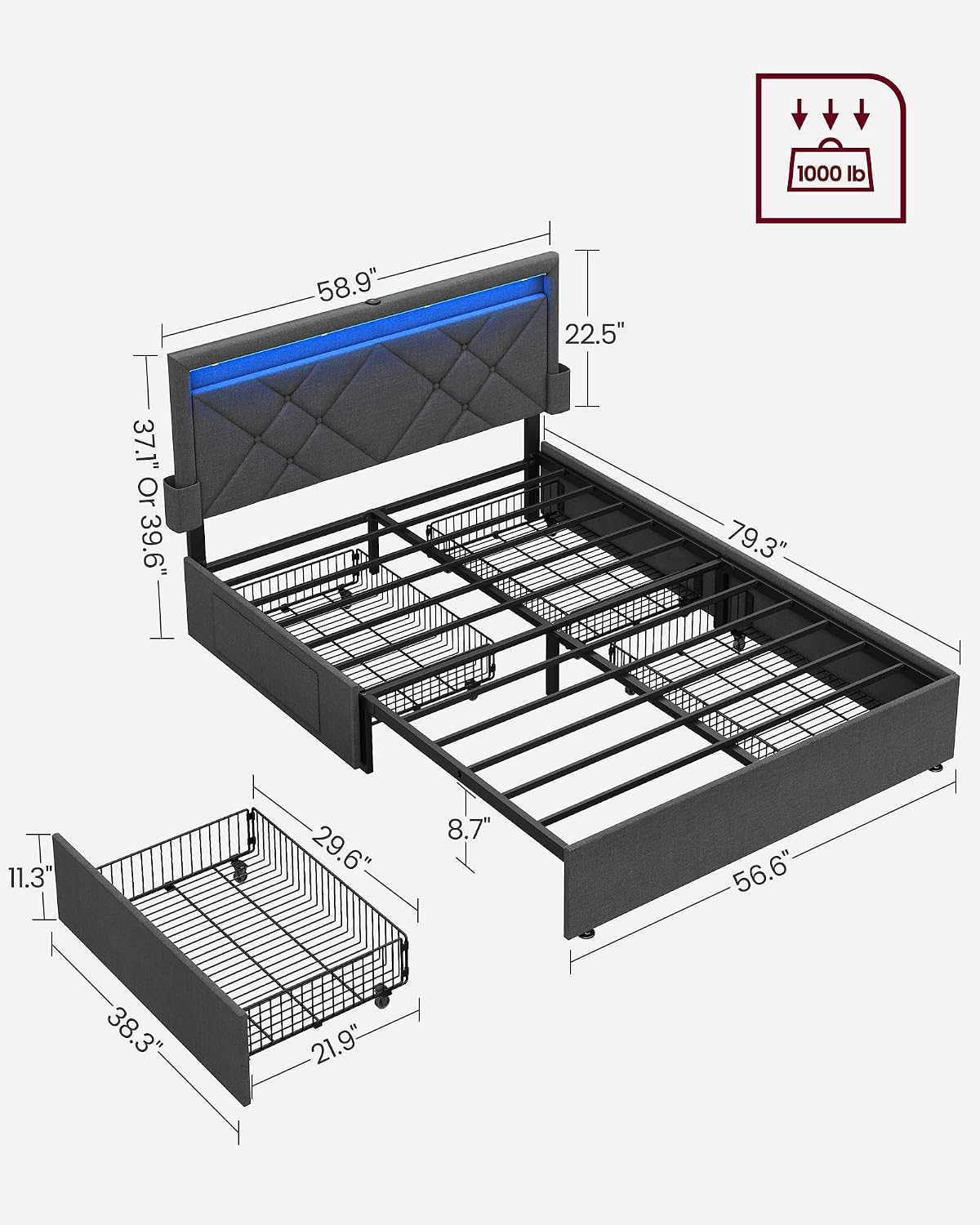 VASAGLE LED Bed Frame Full Size, Full Bed with Headboard and 4 Drawers, 1 USB Port and 1 Type C Port, Adjustable Upholstered Headboard 37.1/39.6 Inches, No Box Spring Needed, Dark Gray URMB822G71
