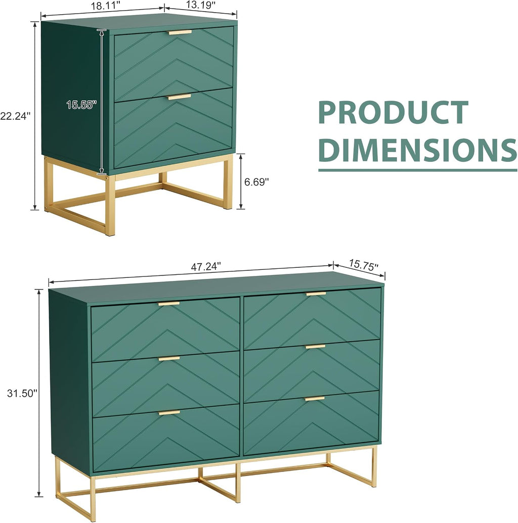 Anbuy 3 Pieces Bedroom Sets, 6 Drawer Dresser and Nightstand Sets for Bedroom, Night Stand Set of 2 & 6 Drawer Dresser with Gold Handles, Morden Wood Chest of Drawers Storage Cabinet Set, Green