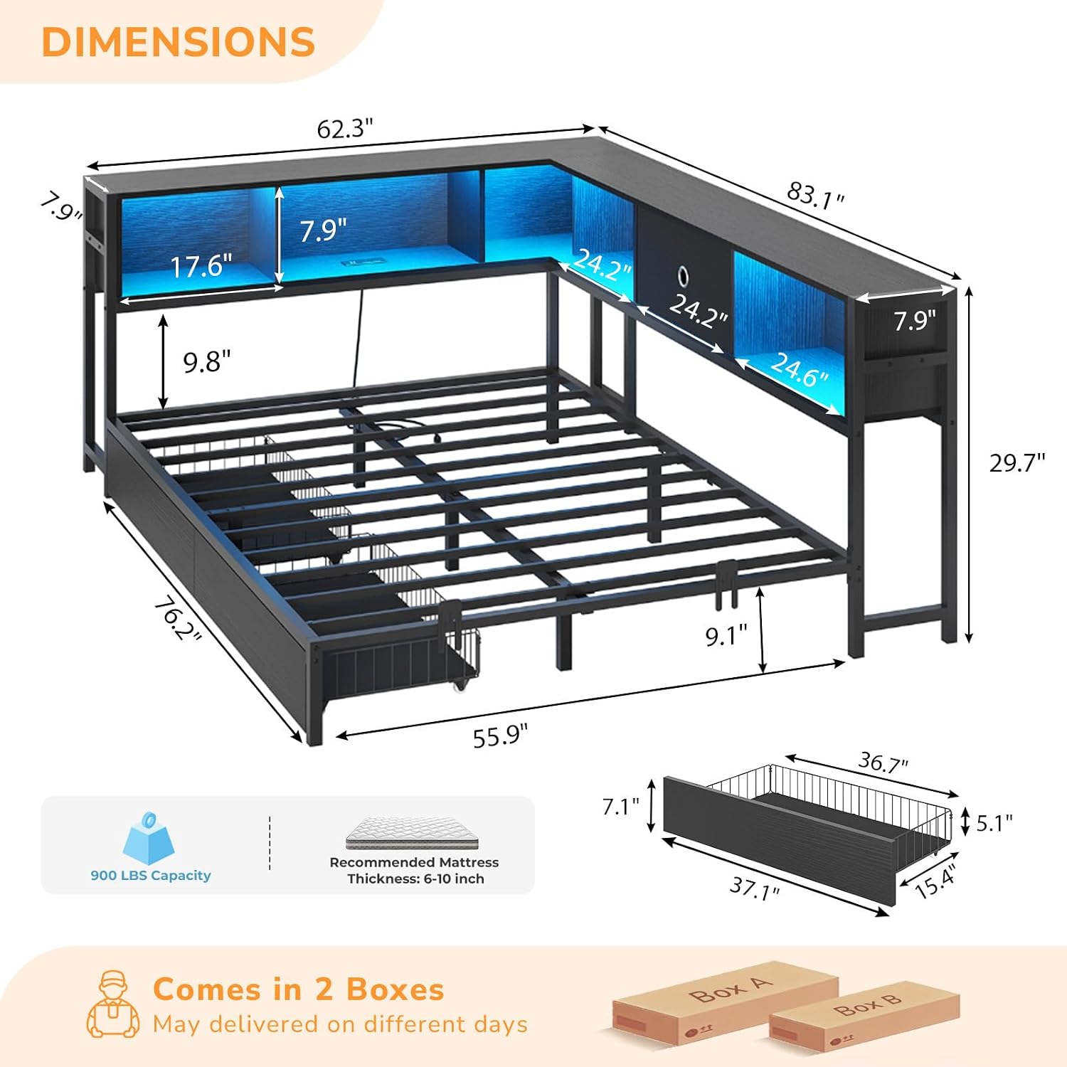 DICTAC Full Corner Bed Frame with Bookcase Storage and Led Lights Metal Platform Bed Frame Full Size with Storage Drawers & Charging Station Full Size Daybed for Teen/Adult,No Box Spring Needed,Black