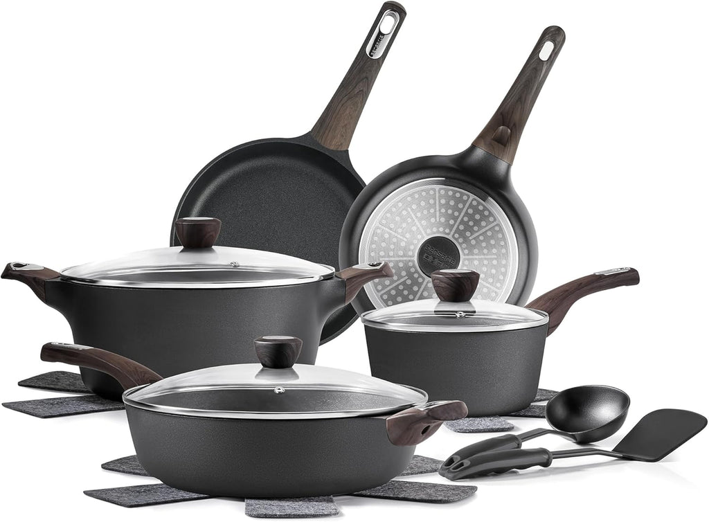 SENSARTE 14 Pcs Non Stick Kitchen Cooking Set, 12 Inch Large Deep Frying Pan, 5 Qt Non Stick Saute Pan with Cover, Healthy Non Toxic Cooking Pan with Helper Handle, PFOA PFOS Free