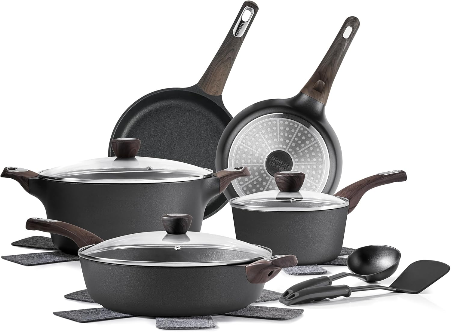 SENSARTE 14 Pcs Non Stick Kitchen Cooking Set, 12 Inch Large Deep Frying Pan, 5 Qt Non Stick Saute Pan with Cover, Healthy Non Toxic Cooking Pan with Helper Handle, PFOA PFOS Free