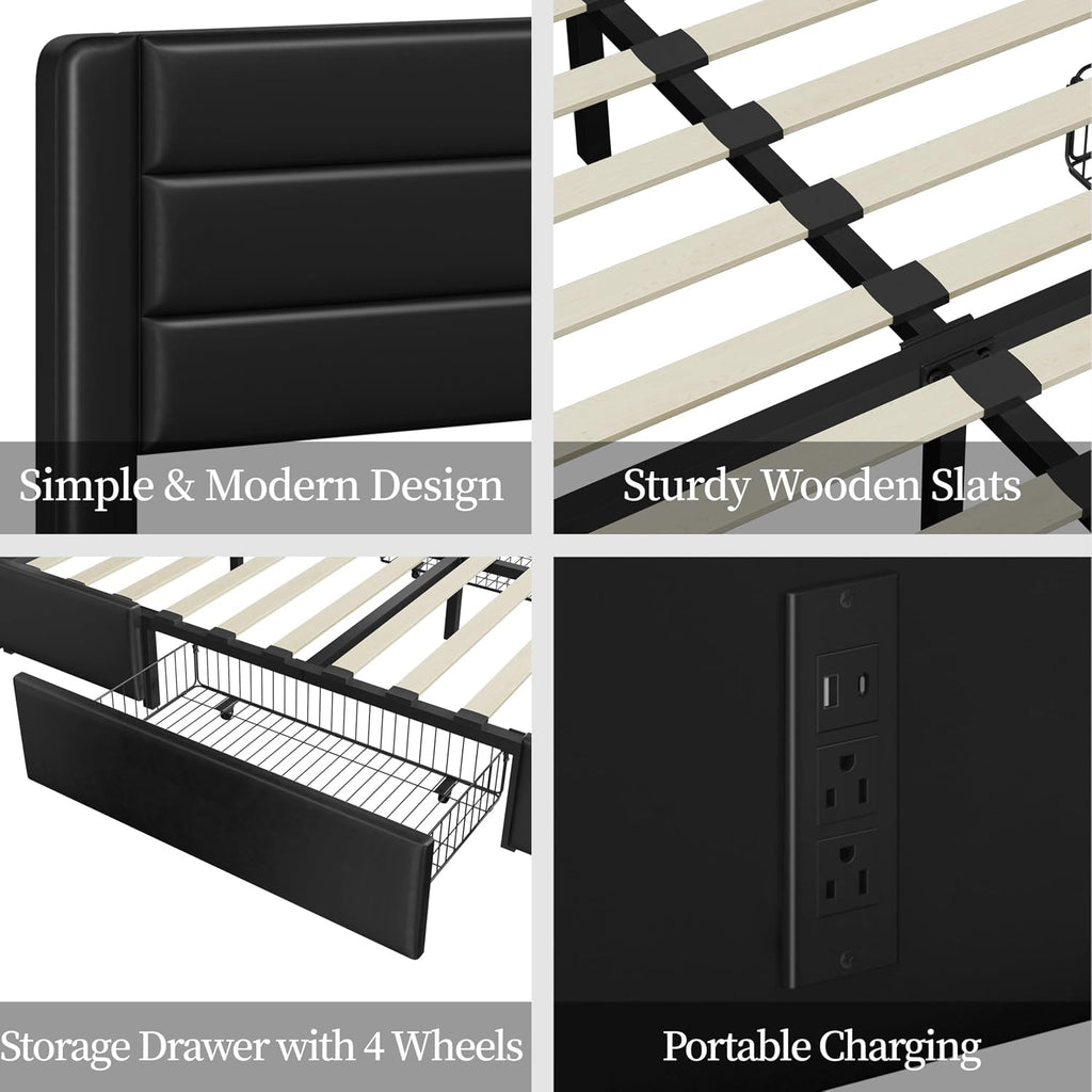 Yaheetech King Size Bed Frame with 2 USB Charging Station/Port for Type A&Type C/4 Storage Drawers, Leather Upholstered Platform Bed with Headboard/Solid Wood Slat Support/No Box Spring Needed/Black