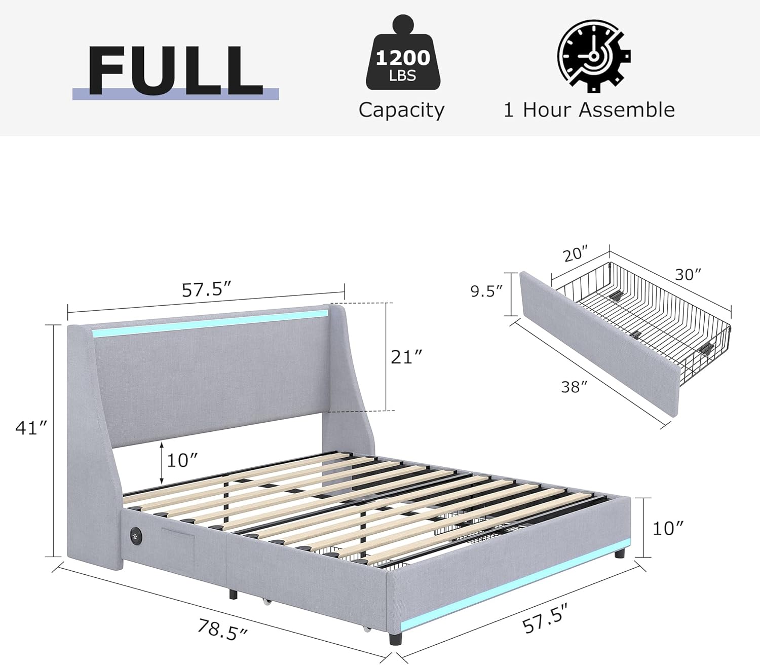VECELO Full Size Bed Frame with Storage Drawers, Upholstered Platform Bedframe with Wingback Headboard, No Box Spring Needed, Classic Grey
