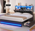 AOGLLATI Full Bed Frame with Stylish Bookcase Headboard & Charging Station & LED Lights,Full Size Bed Frame with 4 Storage Drawers and Metal Slats, No Box Spring Needed,Black