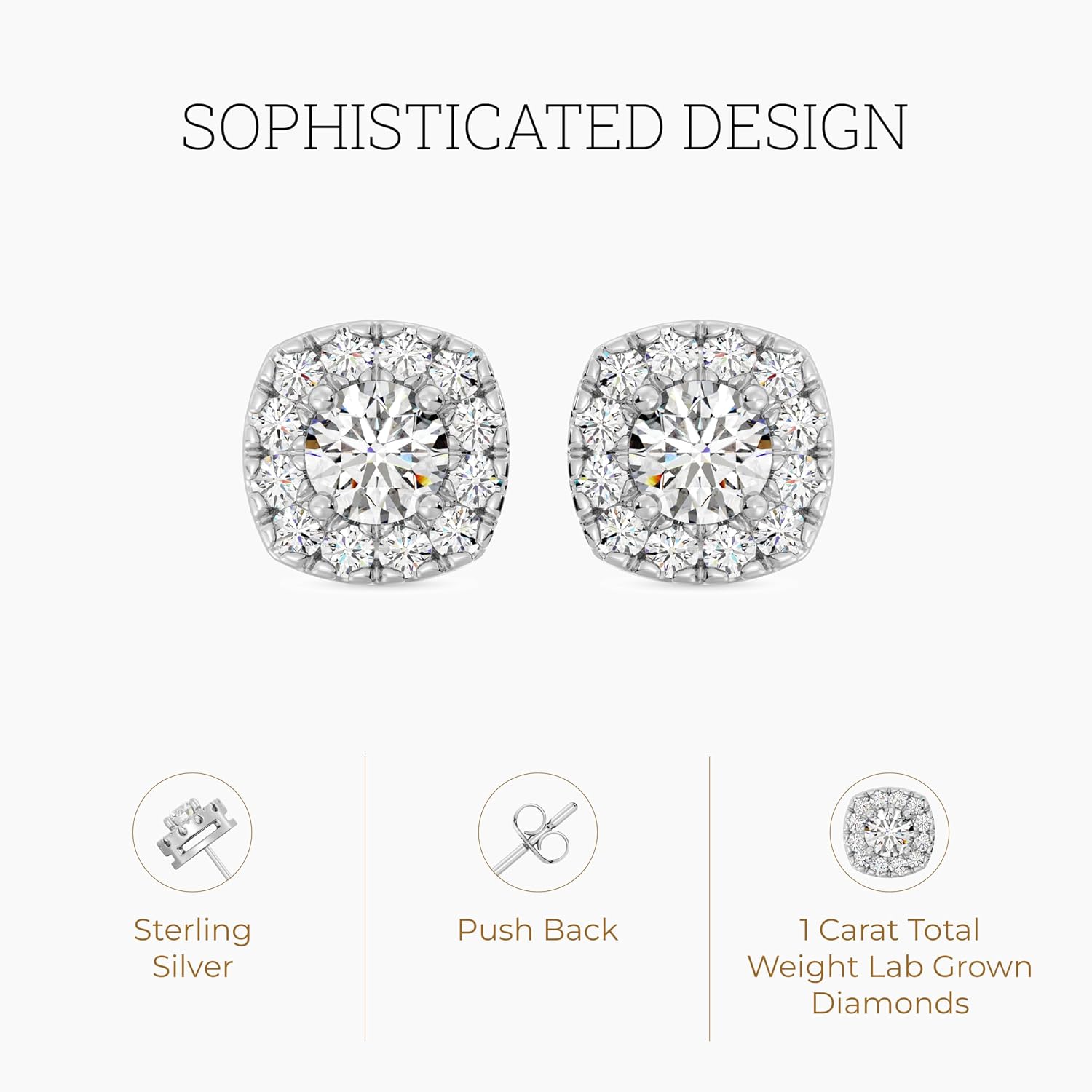 Gilded Lab-Grown Diamond Stud Earrings Sterling Silver and 14KT Yellow Gold Plated Silver| Cushion Halo Shaped Studs | Hypoallergenic Fine Jewelry | Prong Setting, Push Back Nut | SI1 Clarity, F Color 1/4, 1/2, ,1 ct tw