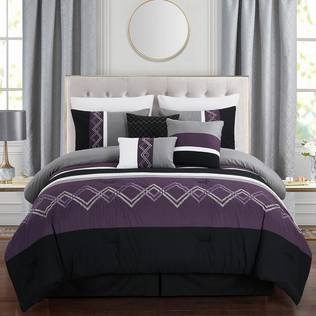 Chezmoi Collection Arden 7-Piece Modern Pleated Stripe Embroidered Zigzag Bedding Comforter Set (Oversized King, Purple/Black/Gray/White)
