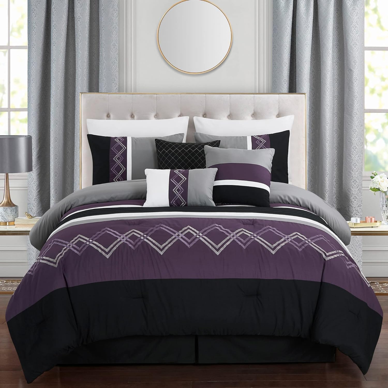 Chezmoi Collection Arden 7-Piece Modern Pleated Stripe Embroidered Zigzag Bedding Comforter Set (Oversized King, Purple/Black/Gray/White)