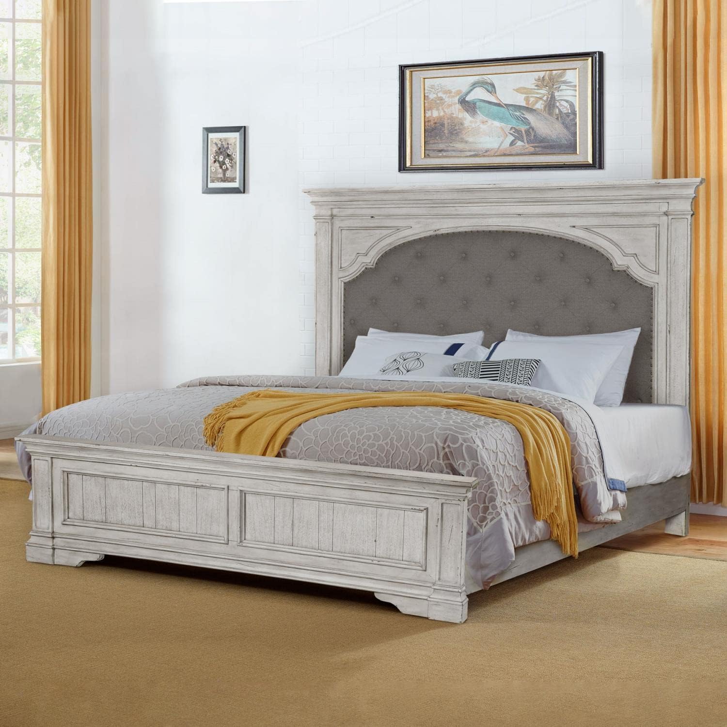 Steve Silver Company Highland Park 83.5' x 90' Farmhouse Wood & Fabric Upholstered Panel King Bed with Button Tufted Headboard, Low Vertical Planked Inset Panel Footboard, in Rustic Ivory Finish